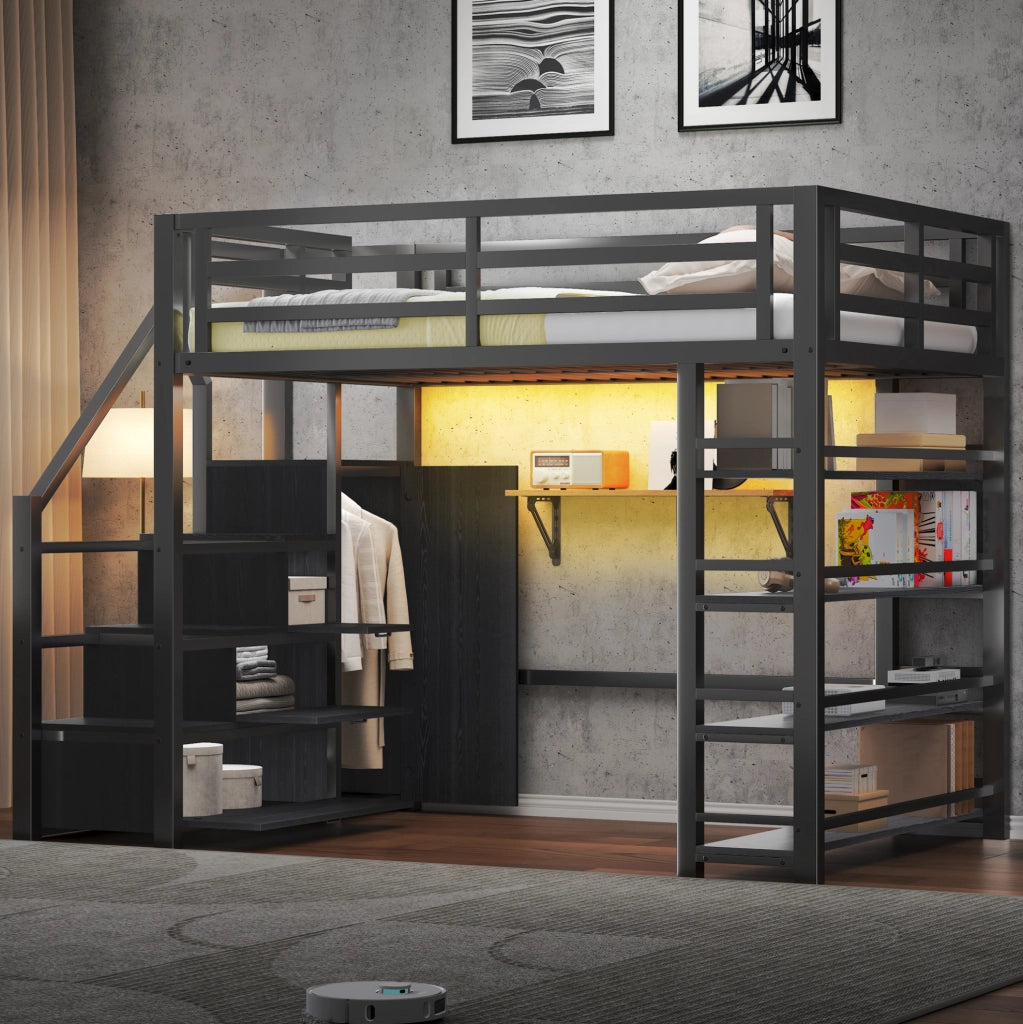 Letto a soppalco 140x200 cm con LED; libreria; armadio e scala contenitore; nero