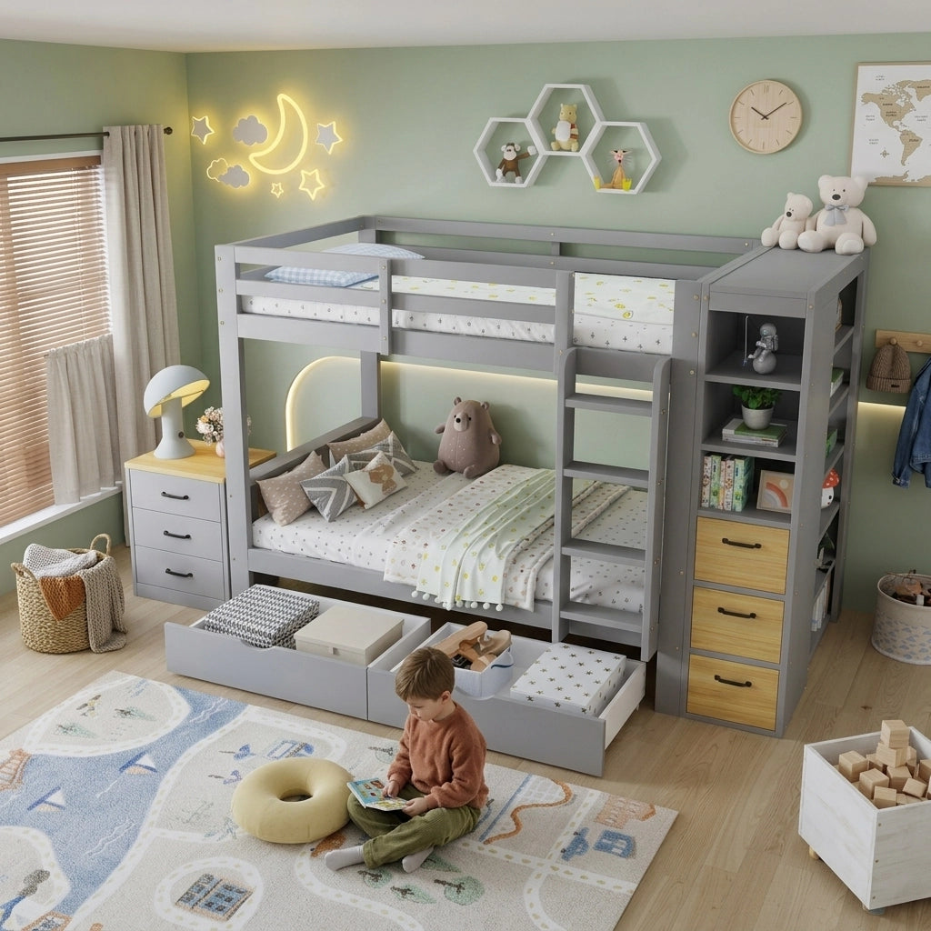 Letto a castello 90x200 cm grigio con cassetti; ripiani laterali e comodino separato