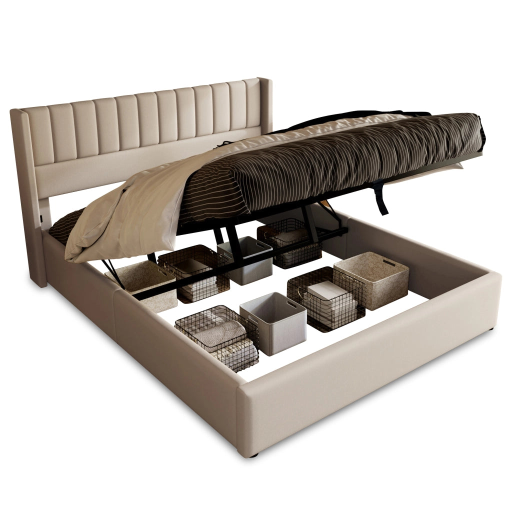 Letto contenitore 140x200 cm imbottito in lino beige