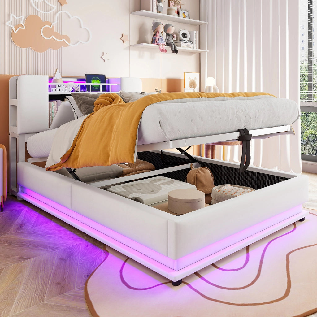 Letto imbottito per bambini 90x200 con LED e contenitore idraulico; velluto beige