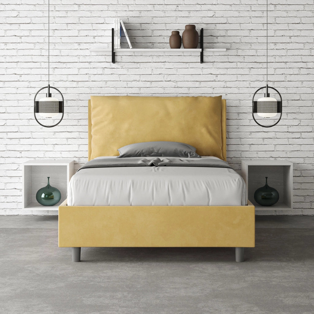 Letto 1 Piazza E Mezzo 110x190 cm con Rete e Contenitore Imbottito in Microfibra Antea Large Ocra