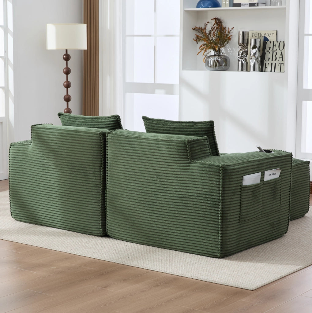 Divano modulare 2 posti con pouf, porta bicchieri e tasche laterali, verde