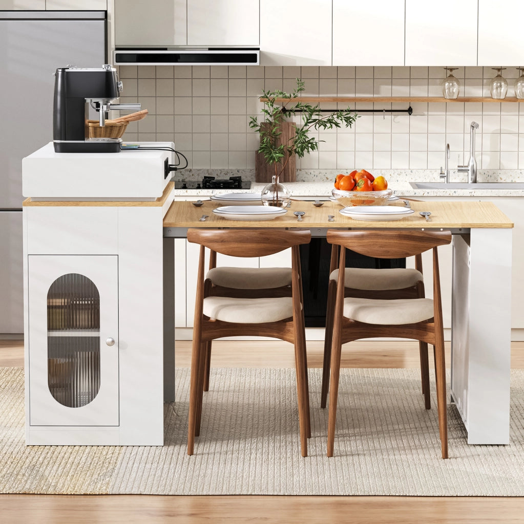 Isola cucina estensibile con prese e piano pieghevole bianca