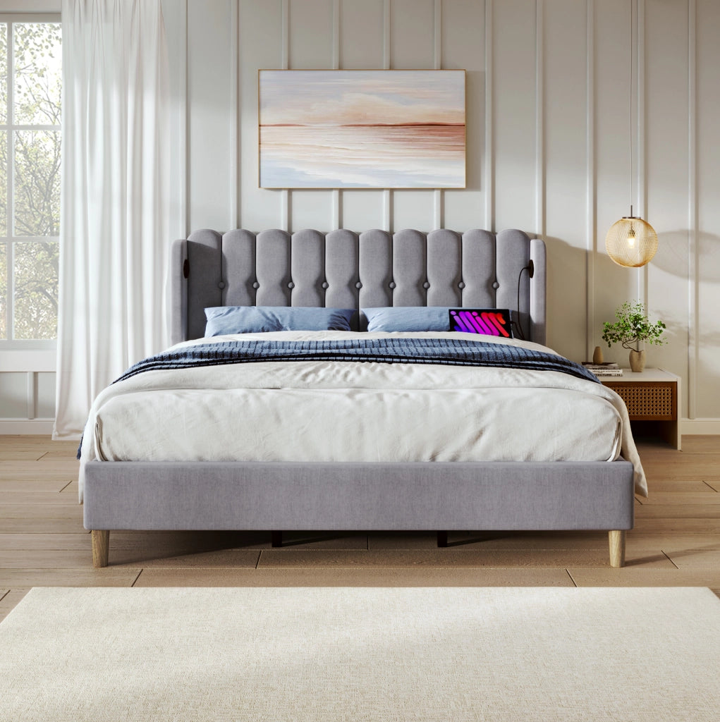 LETTO Matrimoniale 140x200 cm in lino grigio con USB e Type-C
