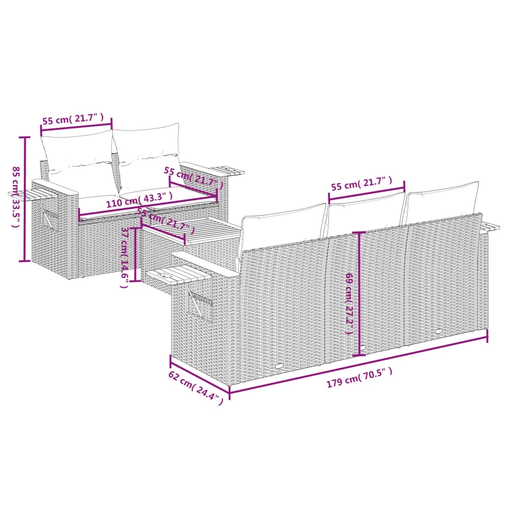 Set Divano da Giardino 6 pz con Cuscini Beige in Polyrattan