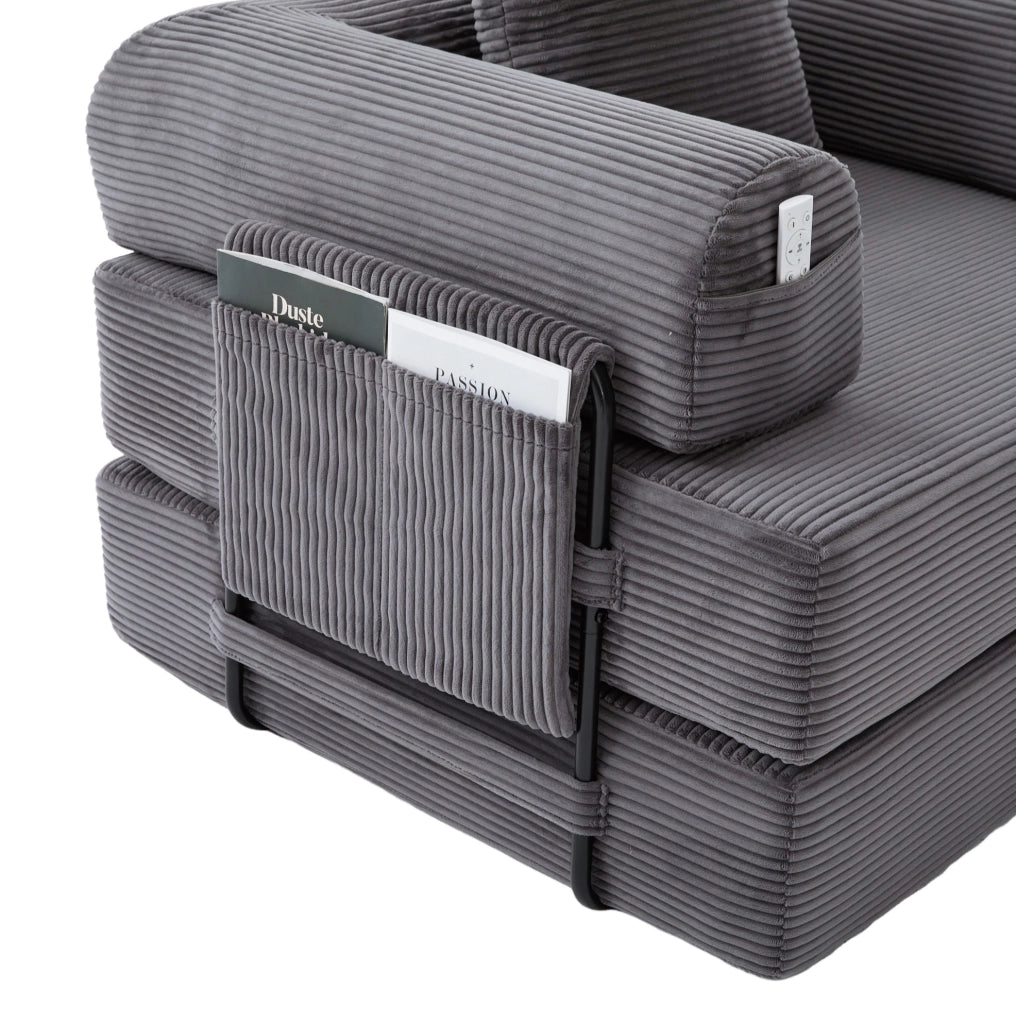 Divano modulare in velluto a coste con pouf, 3 cuscini e tasca laterale, grigio scuro