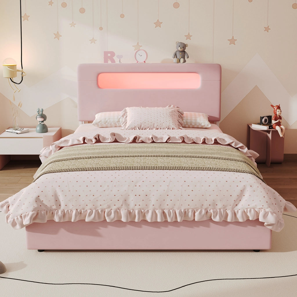 Letto imbottito rosa 140x200 cm con quattro cassetti laterali e LED; velluto