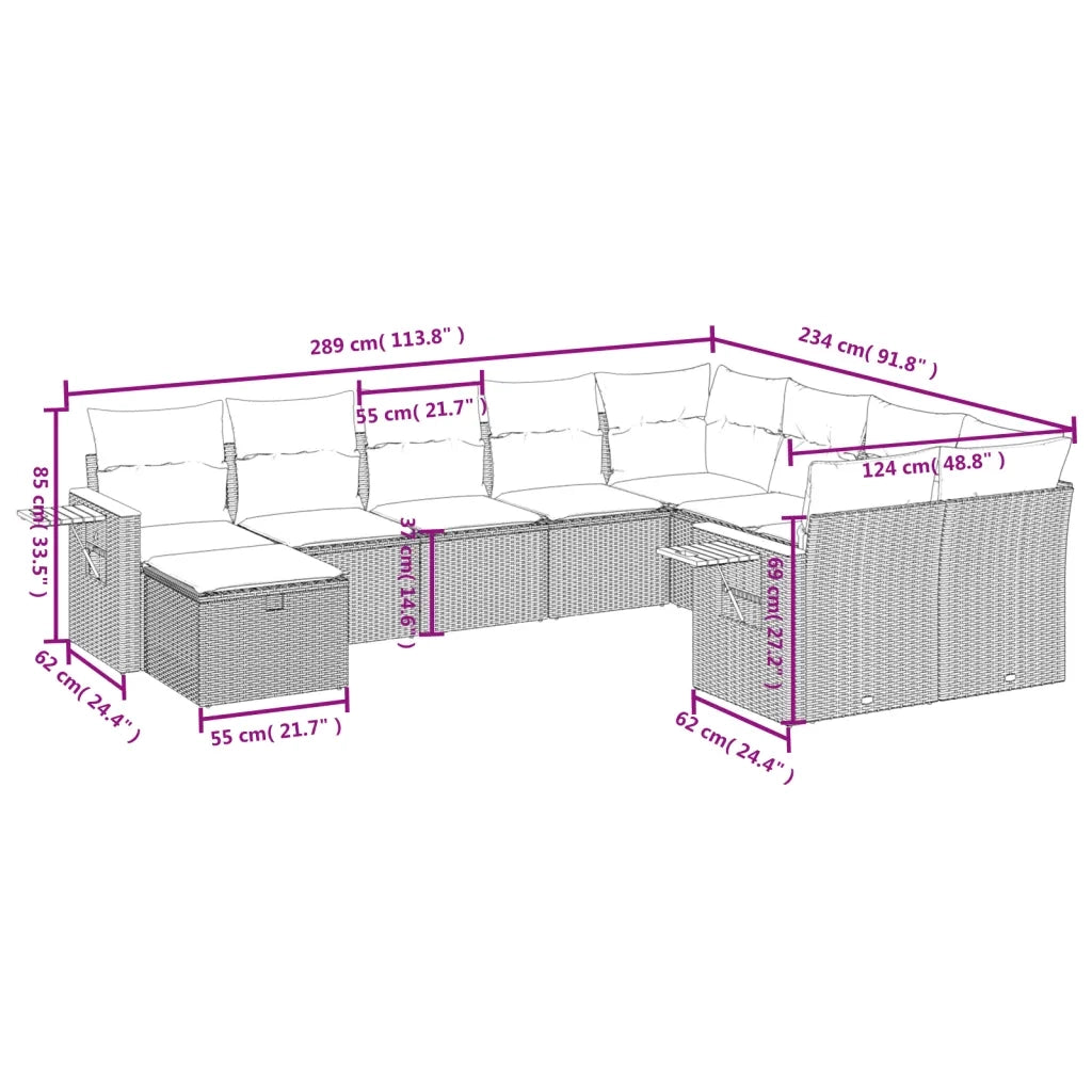 Set Divano da Giardino 10 pz con Cuscini Beige in Polyrattan