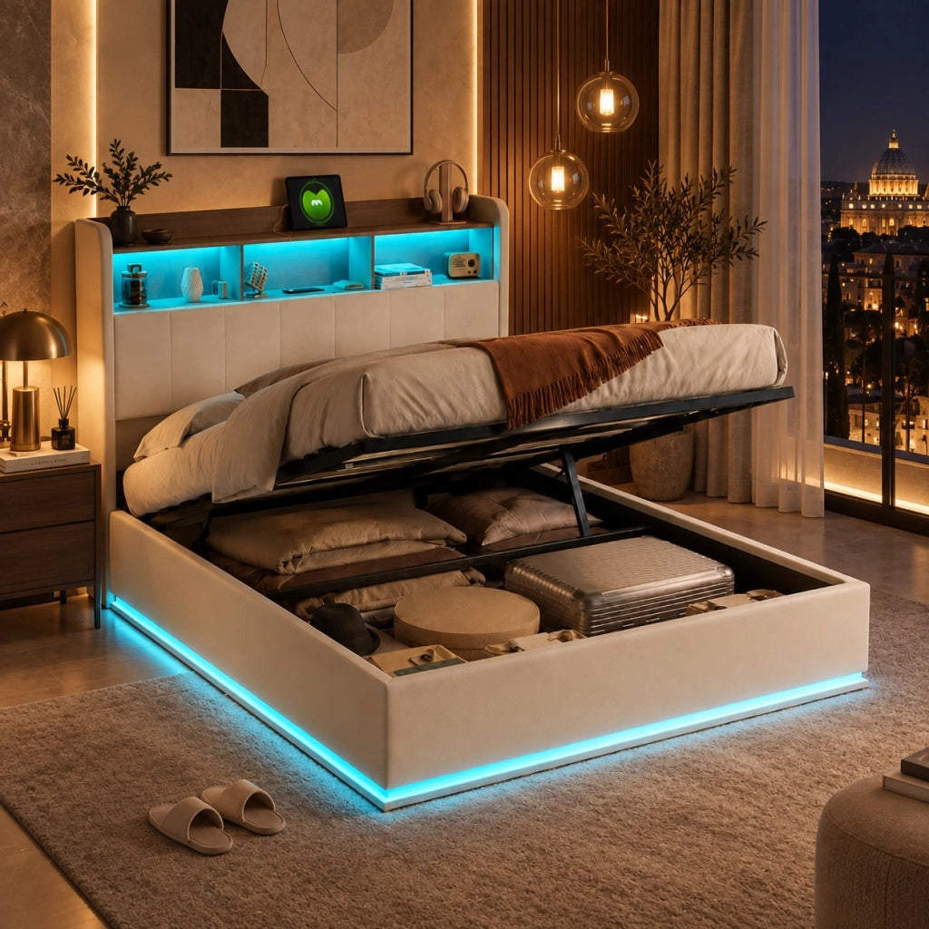 Letto Imbottito 140x200 cm;Letto Matrimoniale con Contenitore idraulico e Rete a doghe;testiera LED e USB con vano contenitore;Velluto;Beige