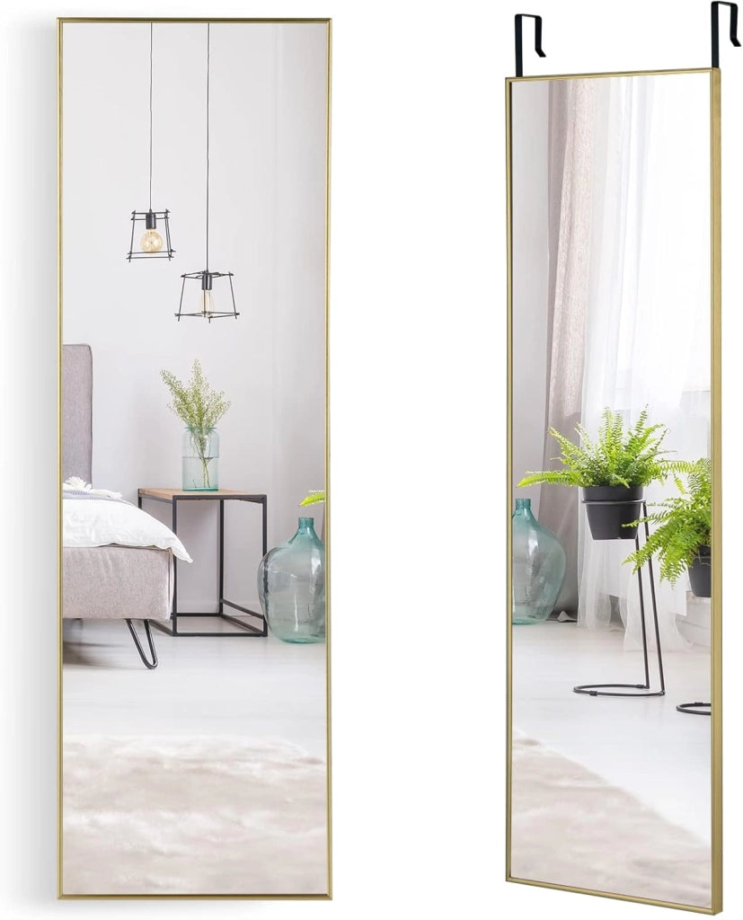 Specchio da Parete Lungo, Specchio da Terra Appendere con Cornice in Lega di Alluminio e Ganci, Per Camera da Letto e Soggiorno, 120 x 37 cm (Oro)