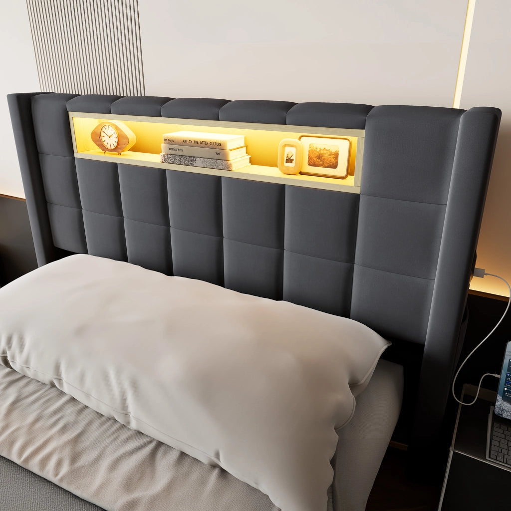 Letto singolo contenitore idraulico con LED e ricarica 90 x 200 cm