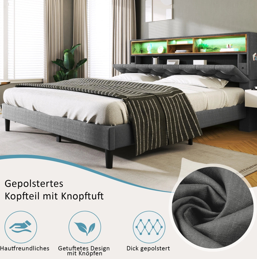 LETTO imbottito 140x200 cm Grigio con testiera contenitore e LED