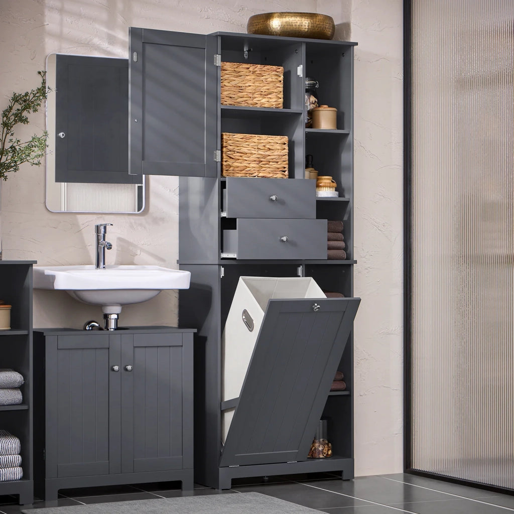 Mobile alto con portabiancheria apribile Armadietto da Pavimento Mobile bagno Grigio 60x37x170cm BZR104-DG