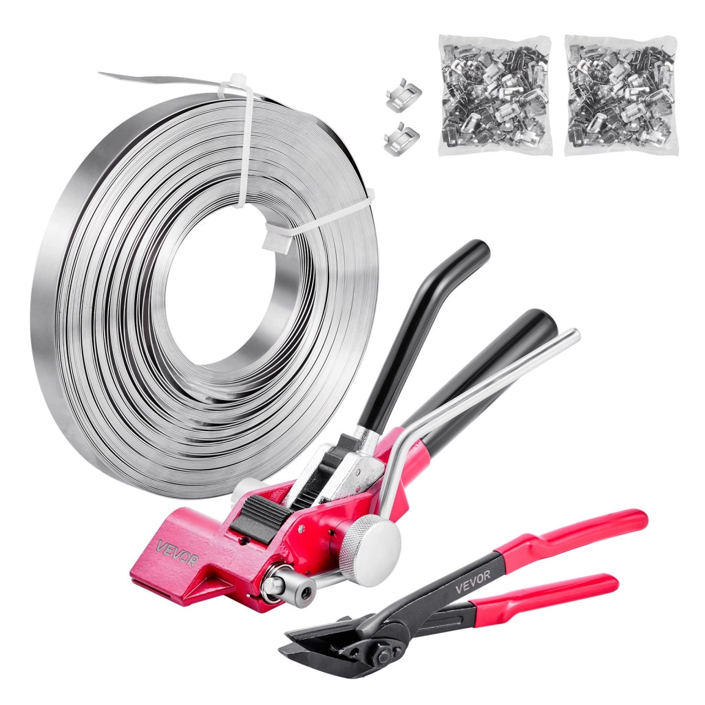 Set di Reggiatura per Cinghie Metalliche, Rotolo di Reggiatrice Resistente in Acciaio da 60 m con 200 Fibbie Metallici, Kit di Reggiatrice Manuale Imb
