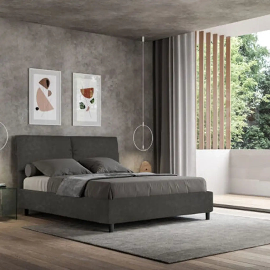 Letto matrimoniale con rete imbottito 160x210 microfibra grigio Mados