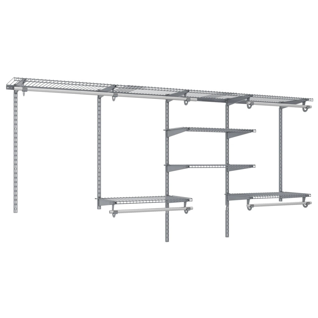 Sistema Organizzatore per Armadio a Parete 4-8 FT con 7 Ripiani e 5 Aste Appendiabiti in Metallo Grigio Regolabile per Camera e Lavanderia