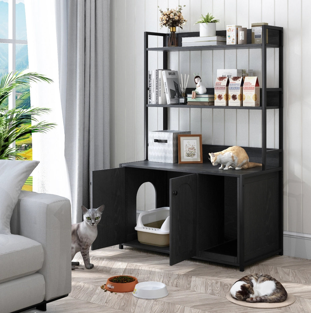 MOBILETTO LETTIERA per gatti con scaffali 3 livelli, nero, MDF e metallo