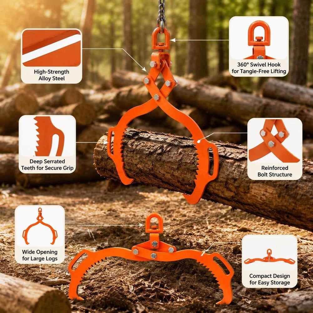 Professional Forestry Grapple, 609-710 Mm Log Grab With 2 Claws, Steel Log Grapple, 500 Kg Load Capacity, Rotating Drag Grapple, Eagle-Claw Design, Lifting Grapple For Trucks, Tractors, Forklifts
