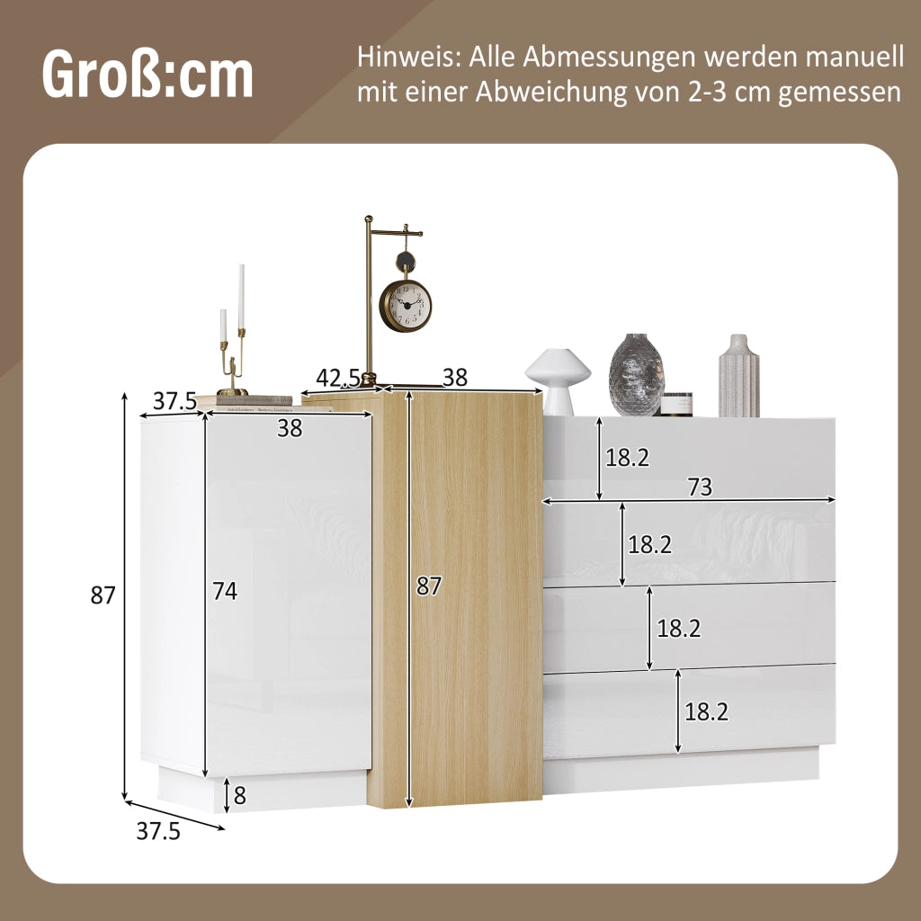 Credenza bianca lucida 140 cm con 4 cassetti e 2 ante; in MDF