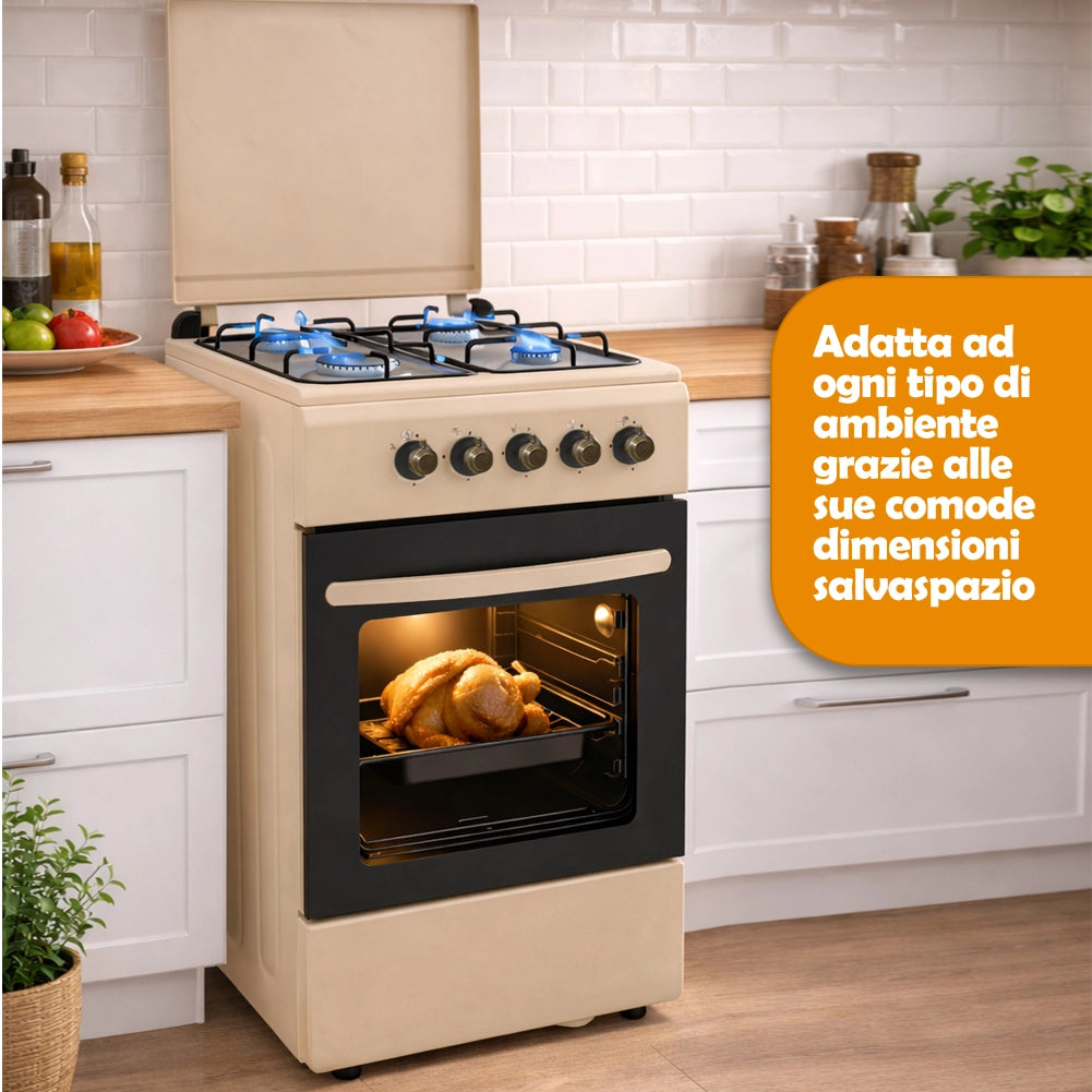 Cucina a Gas Piano Cottura a 4 Fuochi da Esterno Forno Cucinino Beige 86x50cm
