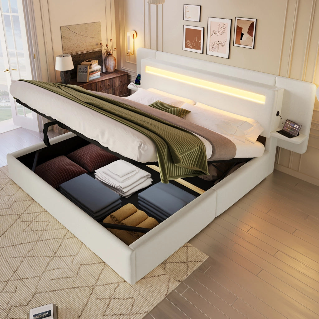 Letto contenitore 180 × 200 cm imbottito con sollevamento idraulico; comodino USB e LED multicolore beige