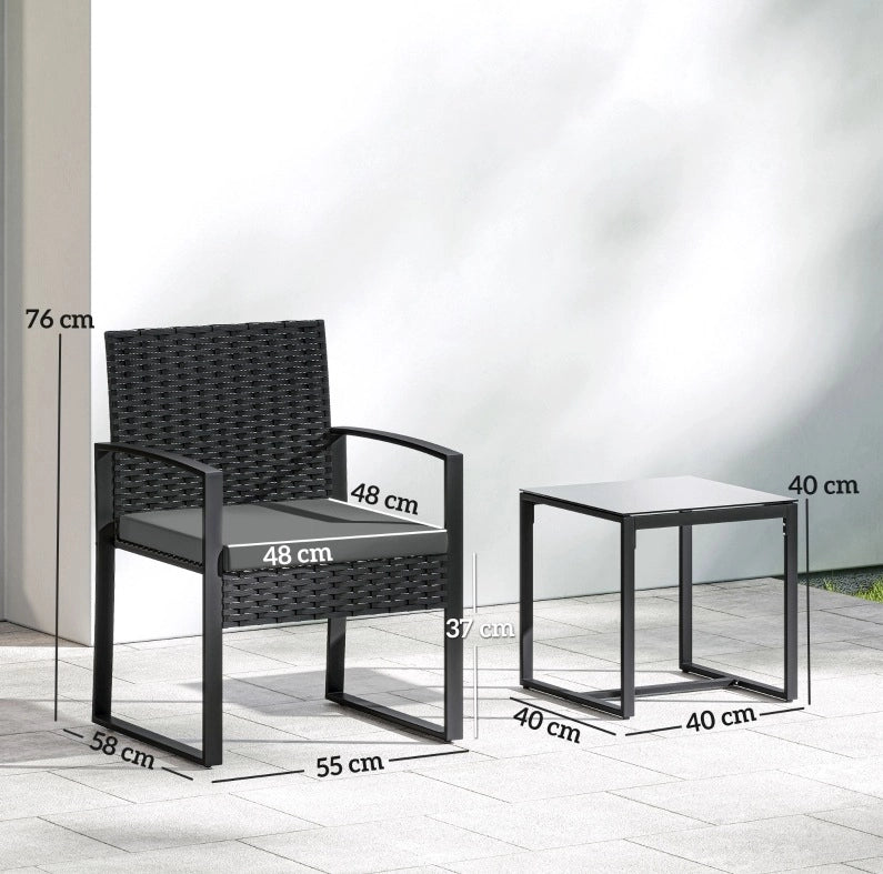 Set da giardino in rattan 3 pezzi con 2 poltrone e tavolino con cuscini sfoderabili grigio scuro