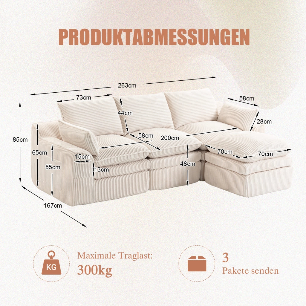 Divano modulare 3 posti in corduroy beige con pouf, tasche laterali e cuscini