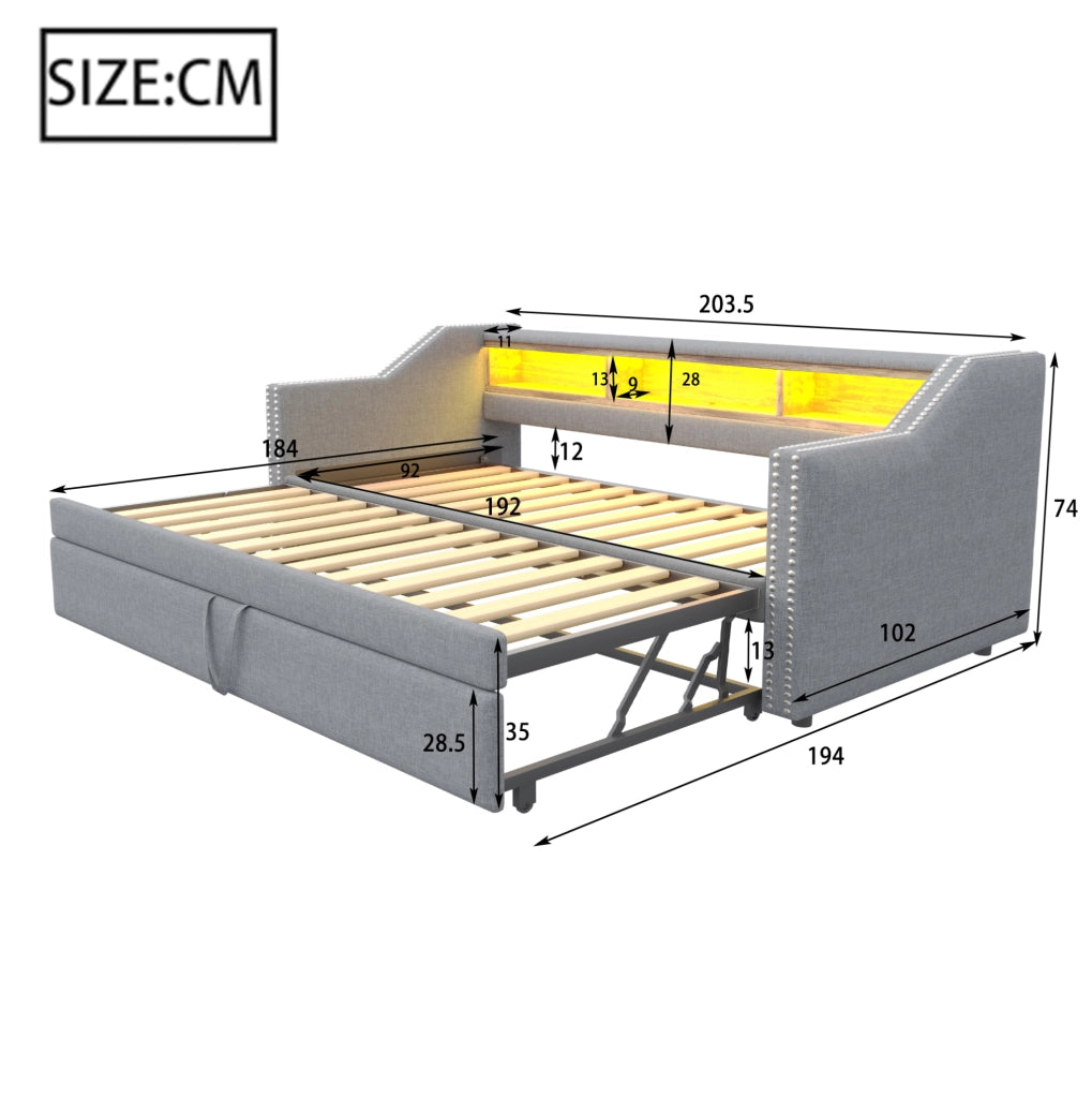 Divano letto estraibile 90/180x190 cm grigio chiaro con USB