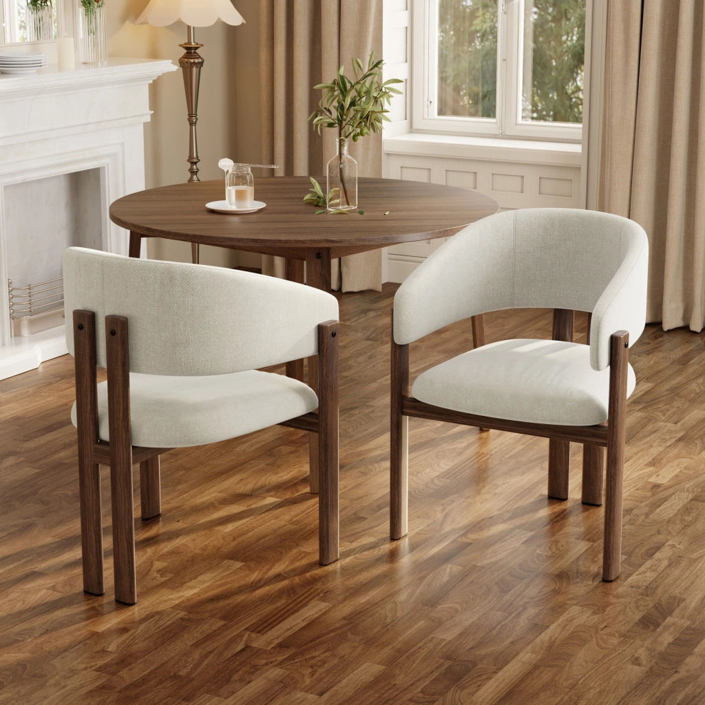 Sedia da pranzo, set da 2, gambe in metallo effetto legno, lino, colore noce e beige