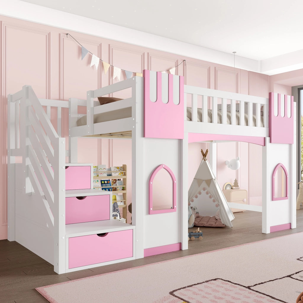 Letto a soppalco 90x200 cm con scala contenitore; 2 finestre; struttura in pino e MDF; bianco e rosa