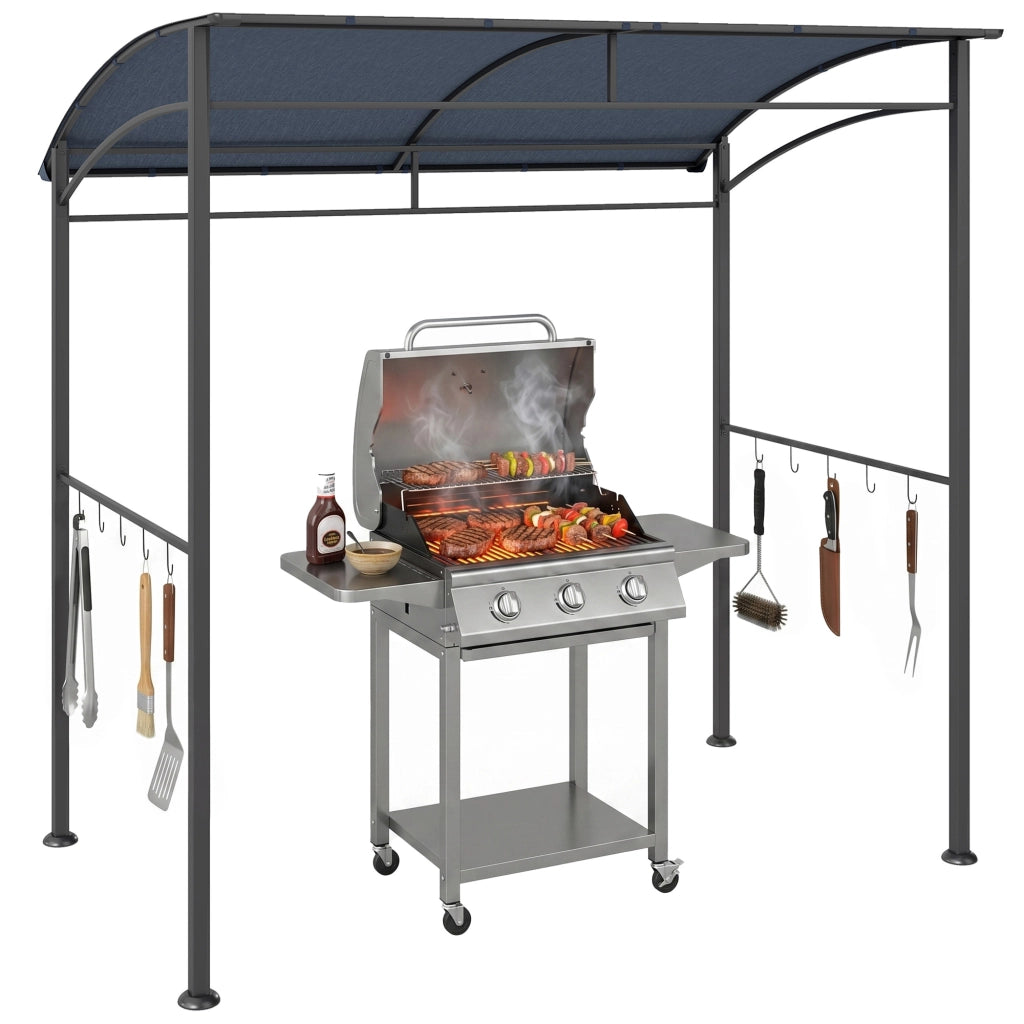 Gazebo per barbecue da giardino con ganci per utensili, struttura in acciaio grigio resistente, 215 x 150 x 174/220 cm