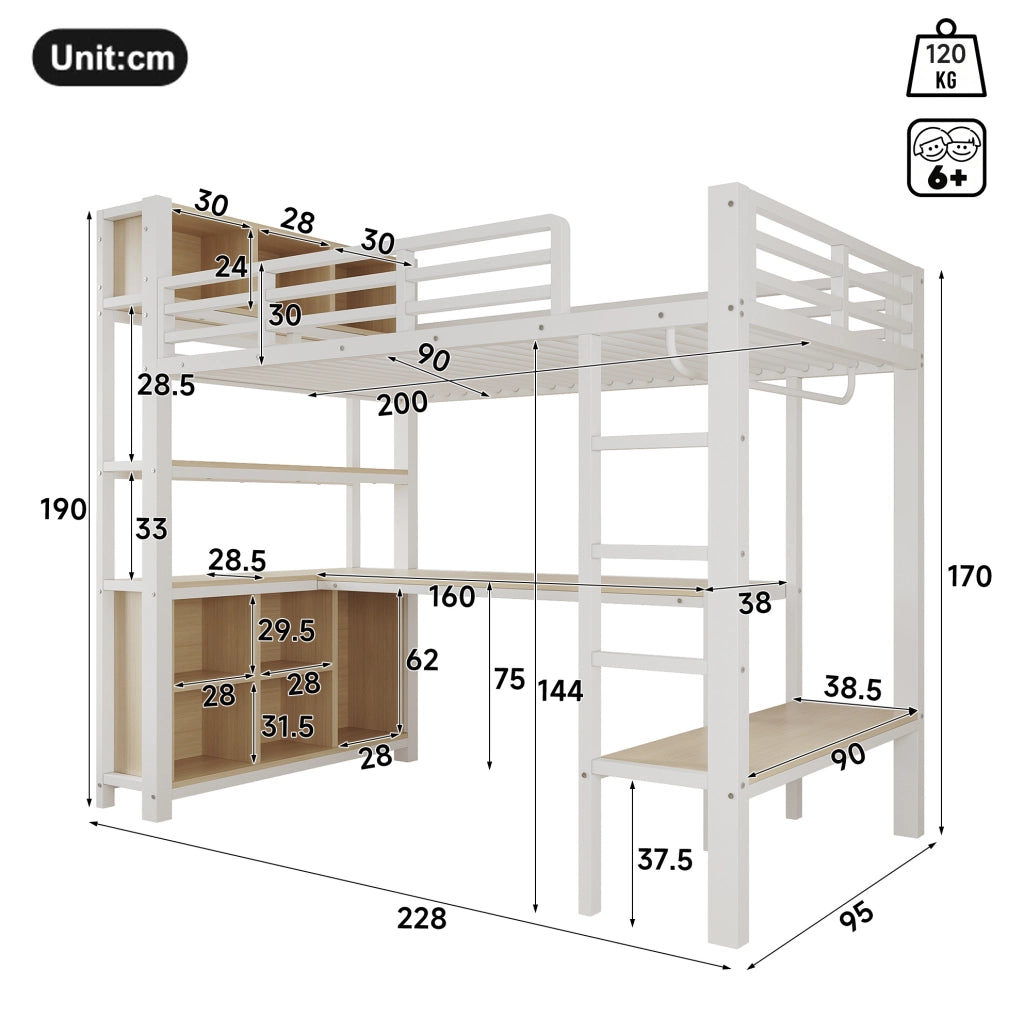 Letto a soppalco 90x200 cm con scrivania, appendiabiti e ripiani bianco
