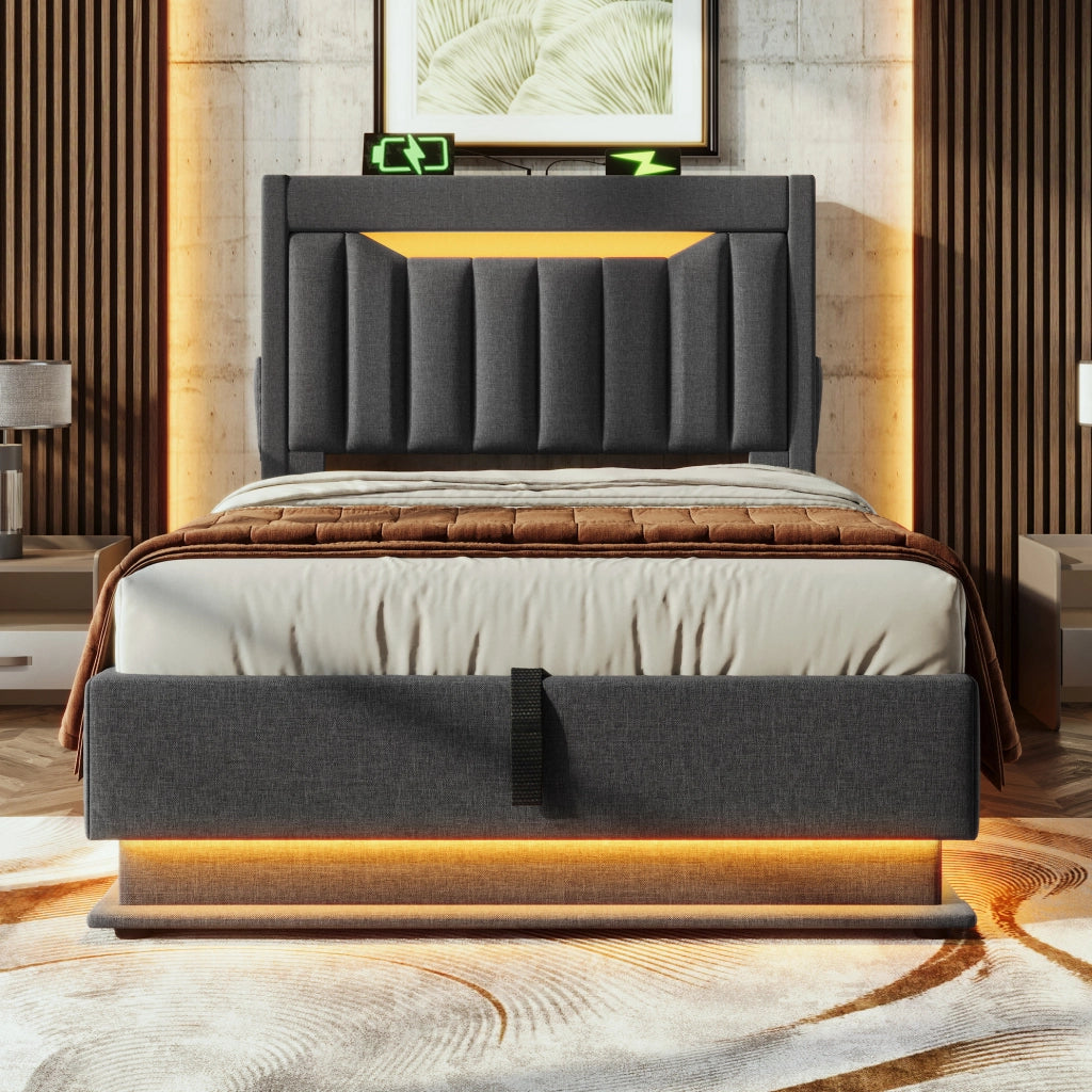 Letto singolo imbottito 90x200 cm con contenitore, USB Type-C, LED e materasso, grigio