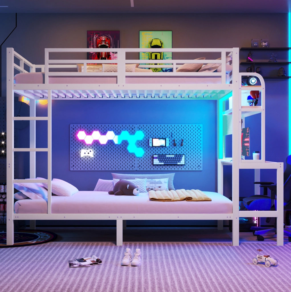 Letto a soppalco ULEVR 90x200 cm con scrivania, ripiani, LED, USB, scala e sponde di sicurezza, bianco