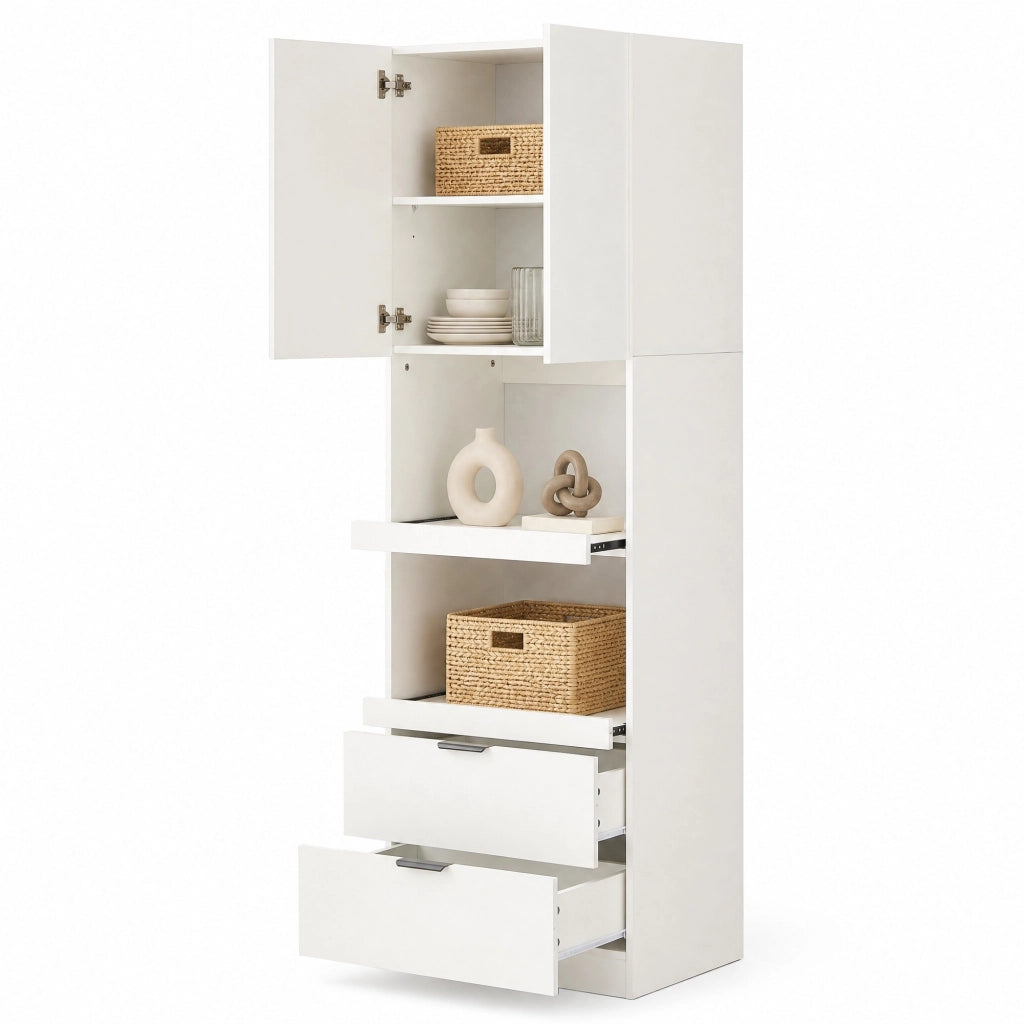 Mobile dispensa da cucina 200 cm con 2 cassetti e vani aperti; bianco
