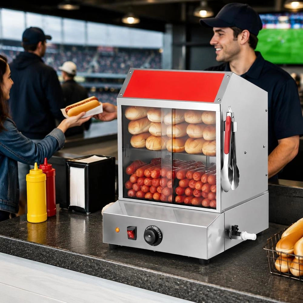 Hot Dog Steamer, 27L, 2-Tier Hot Dog Hut Steamer, 30℃~85℃ Temperature Control, Electric Bun Warmer With Tempered Glass Sliding Doors, Separating Plate Tongs, Stainless Steel, For Hot Dogs & Buns
