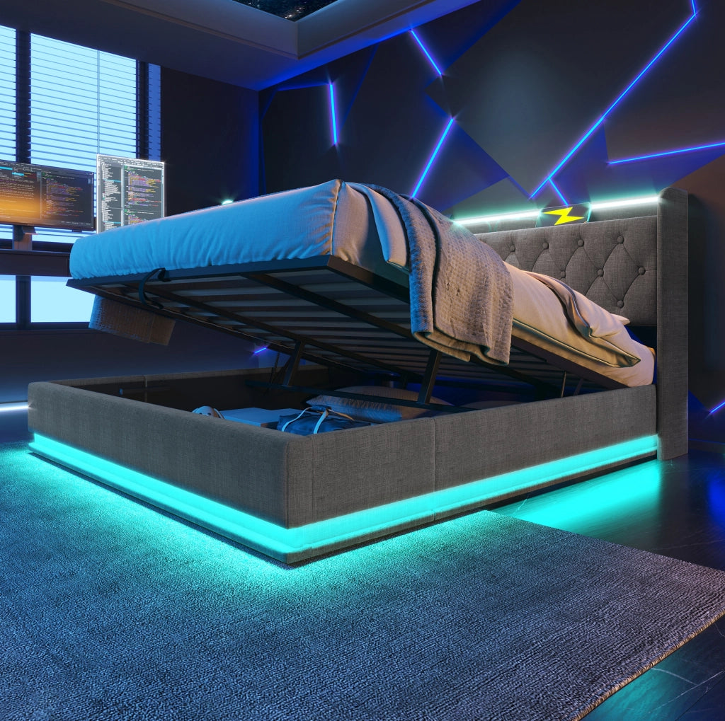 LETTO Contenitore 180x200 cm in lino grigio con LED, USB e Tipo C