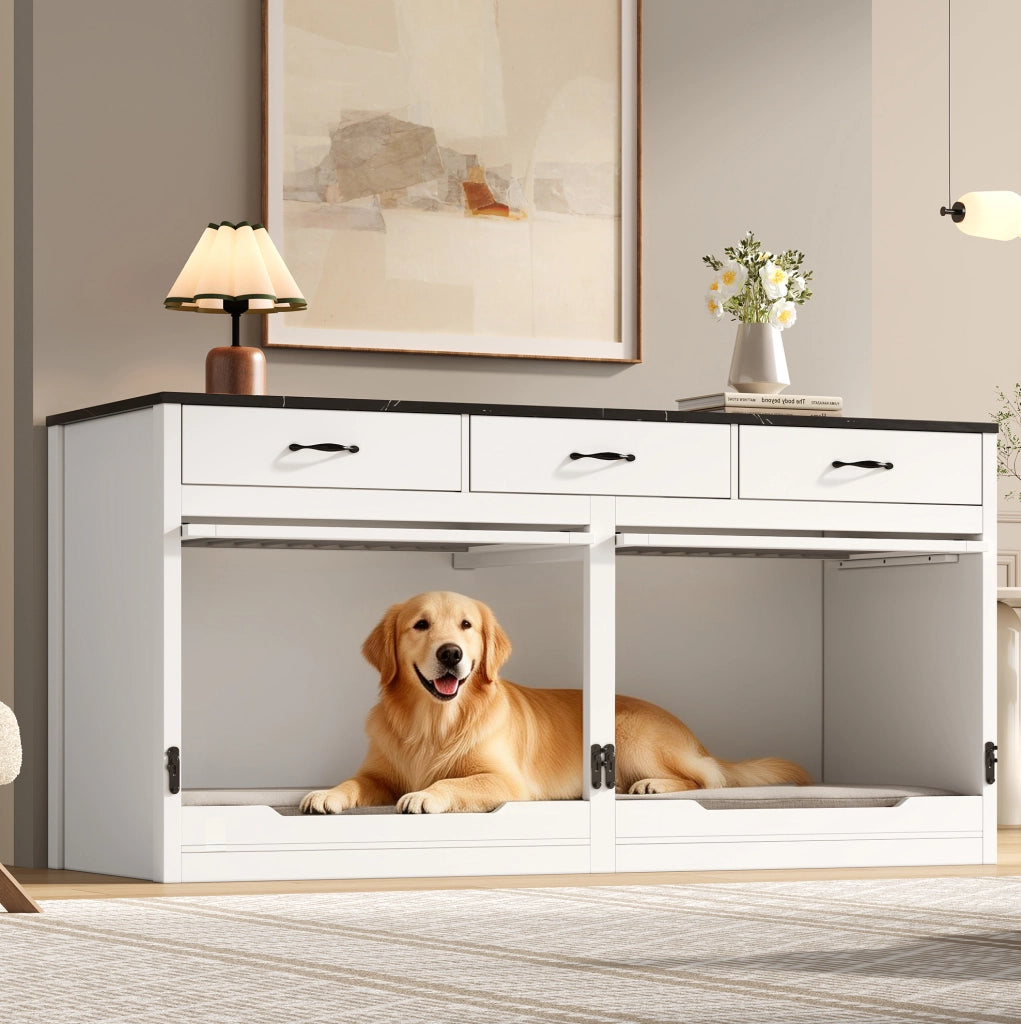 Gabbia per cani 164x60x81 cm bianca e nera in MDF e metallo; 3 cassetti