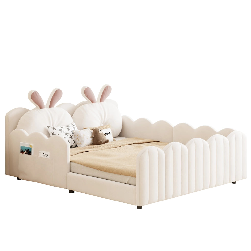 Letto per Bambini 140x200 cm, con Cuscino a Orecchie di Coniglio e Sponde - Beige