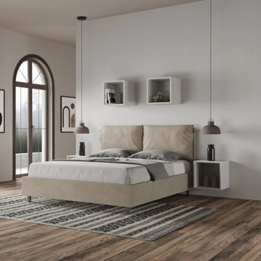 Letto matrimoniale senza rete imbottito 160x210 microfibra sabbia Antea