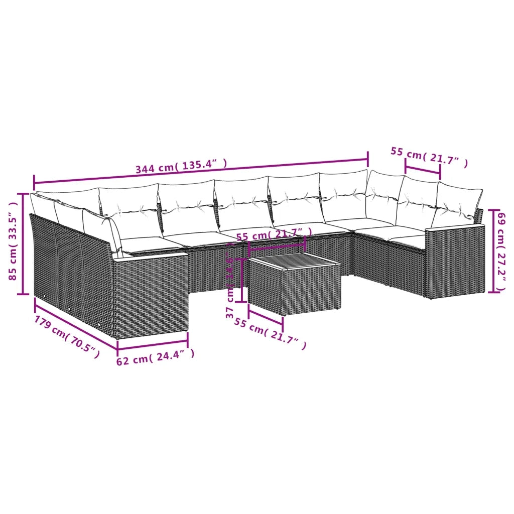 Set Divani da Giardino 11 pz con Cuscini in Polyrattan Nero 3226328