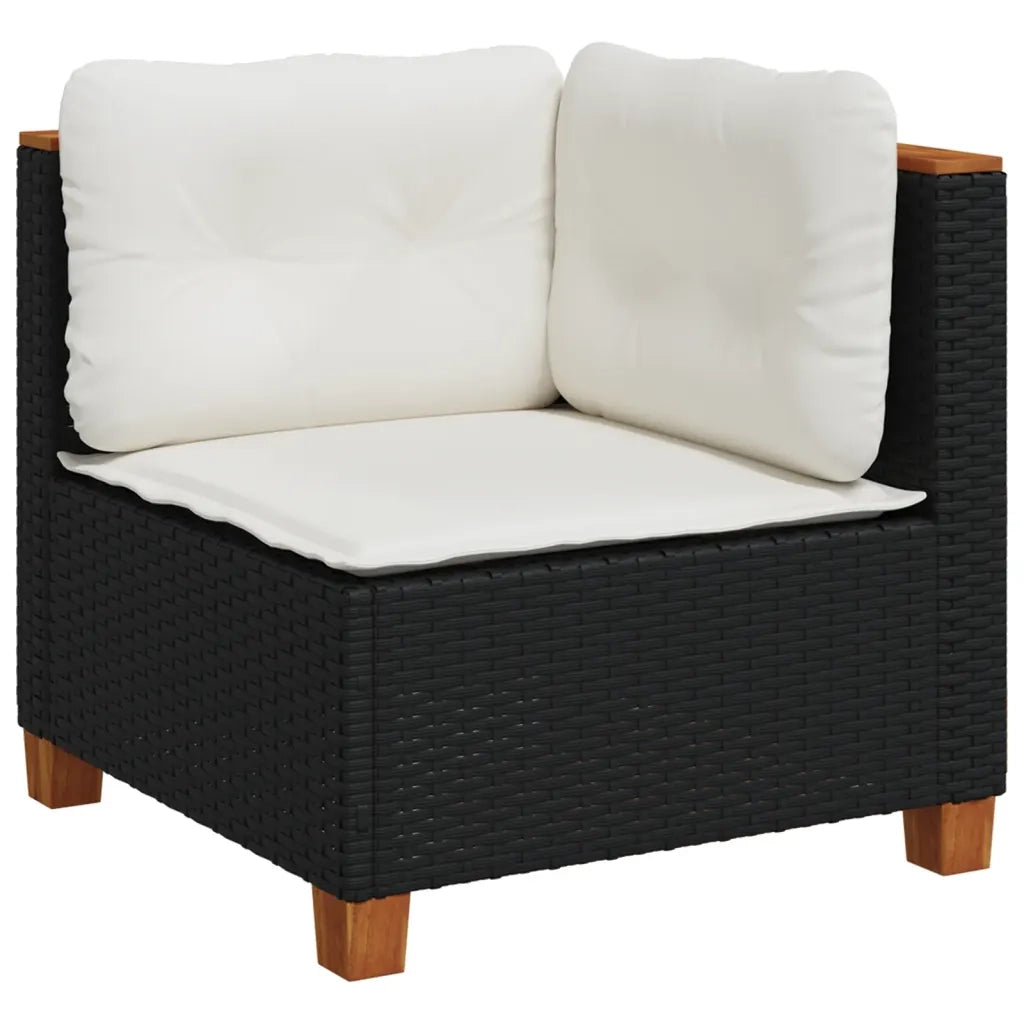 Divano Angolare da Giardino con Cuscini Nero in Polyrattan 365902