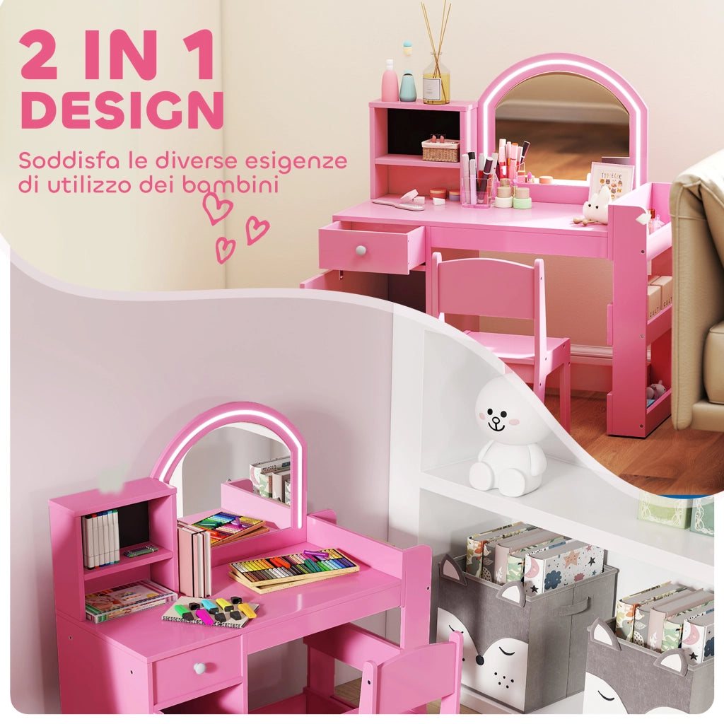 Set toeletta trucco per bambini con specchio, sedia, scaffali e libreria ¨C Minimal ¨C rosa