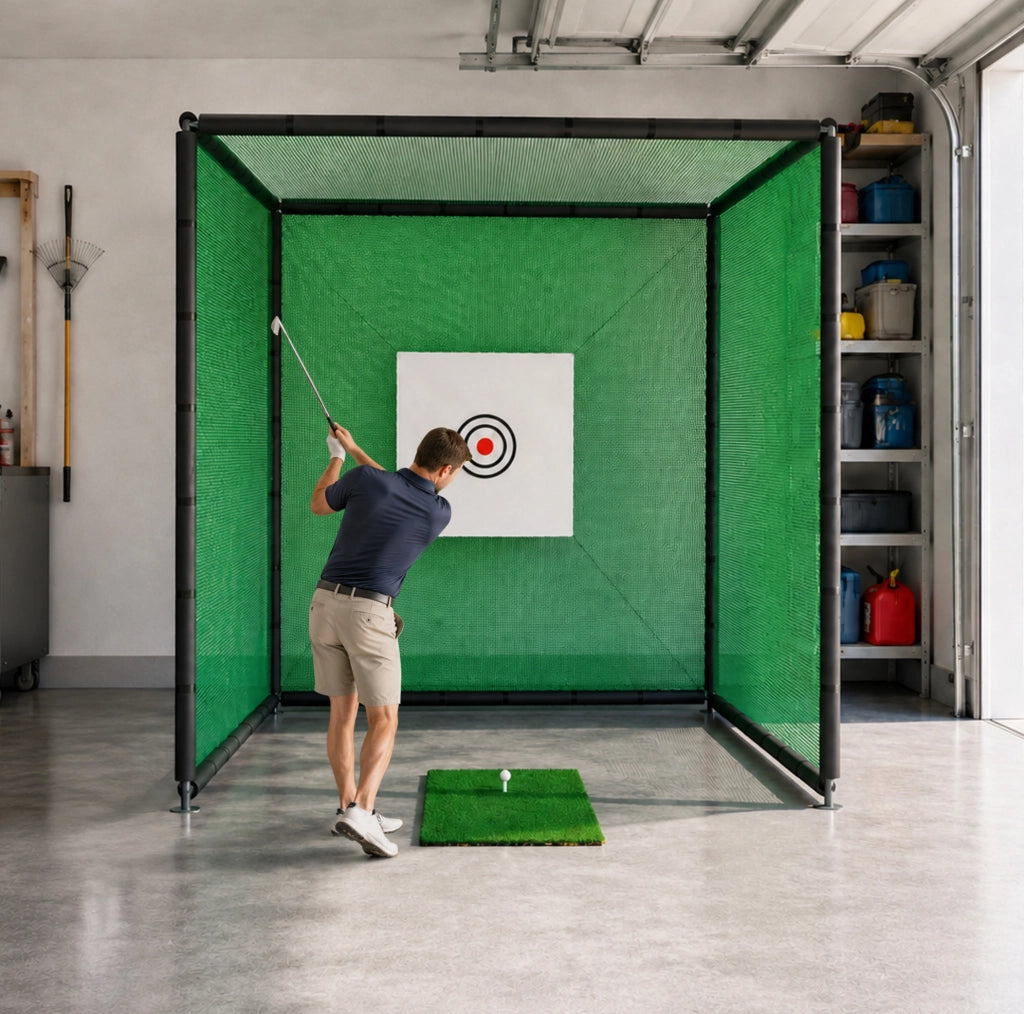 Rete per allenamento golf 300 x 300 x 300 cm con bersaglio, tappetino e struttura in acciaio