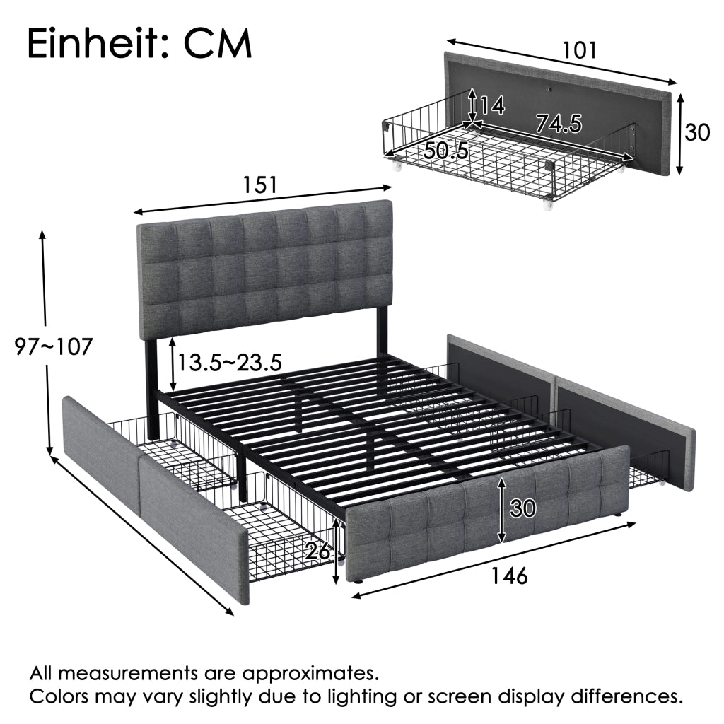 Letto contenitore grigio 140x200 cm con 4 cassetti e materasso