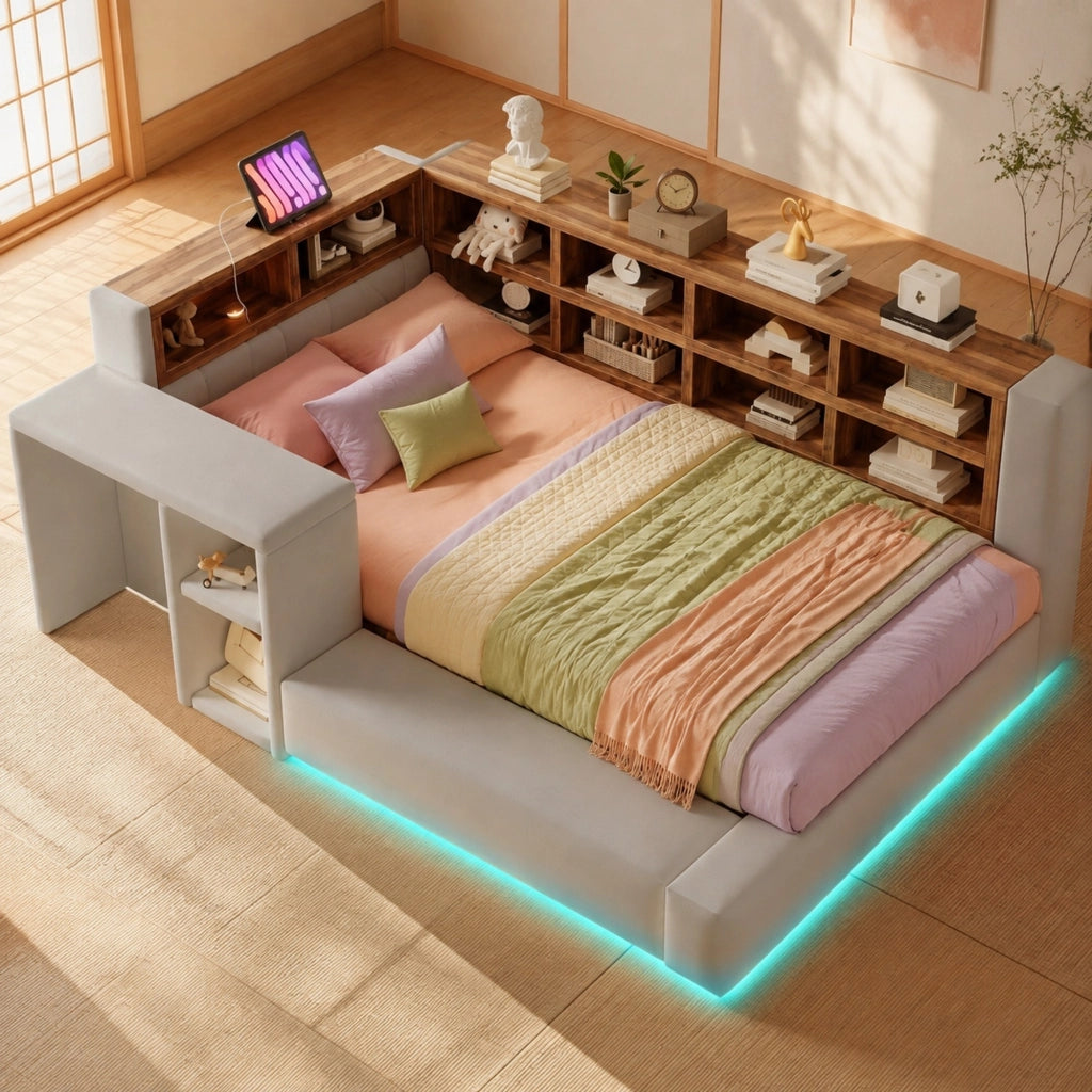 Letto singolo imbottito 90 × 200 cm in velluto grigio chiaro con LED prese integrate e ripiani contenitore