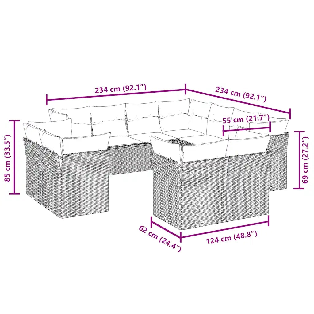 Set Divani da Giardino 11 pz con Cuscini Polyrattan Marrone