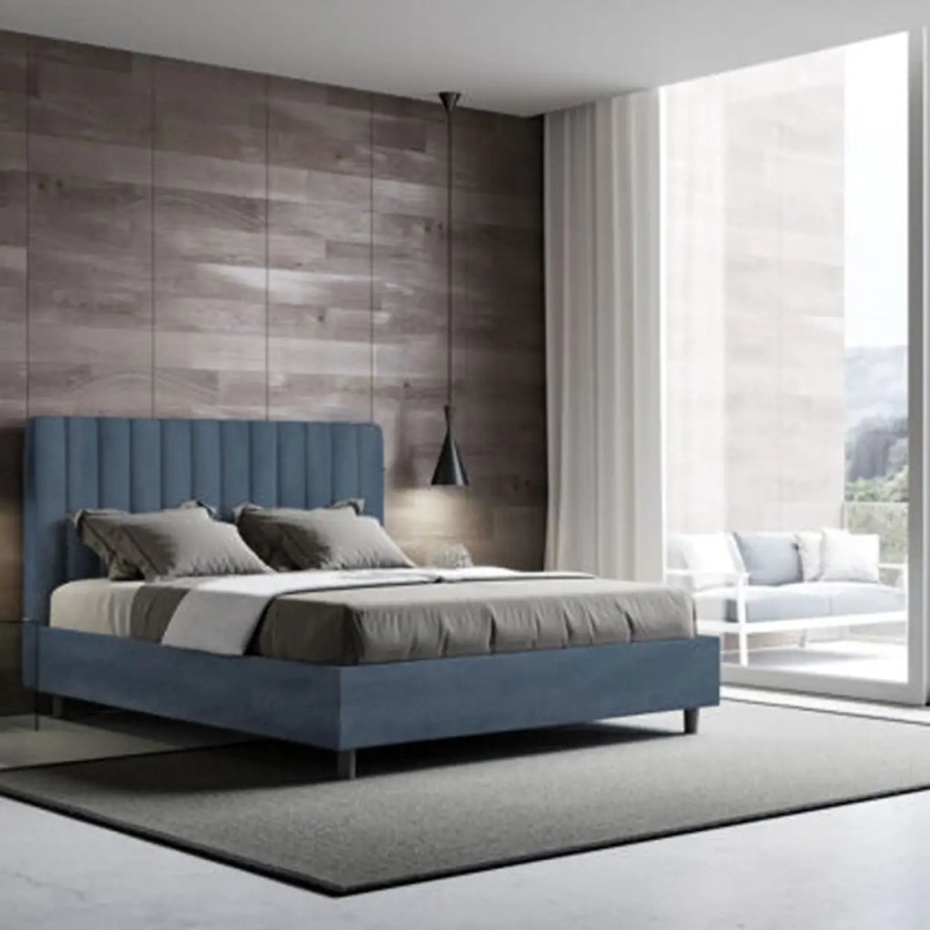 Letto matrimoniale senza rete imbottito 160x190 microfibra blu Agueda