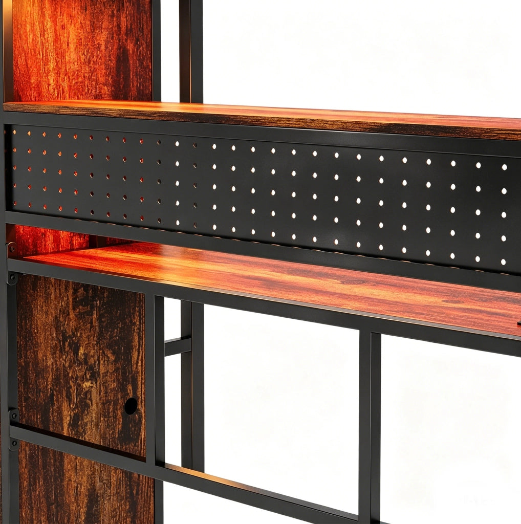 Letto a soppalco multifunzionale 90x200 cm con armadio; scrivania e LED; metallo e MDF