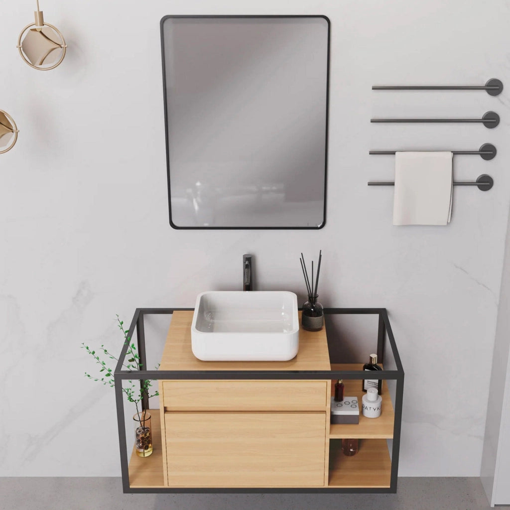 Mobile Bagno Sospeso 100 cm Lavabo e Specchio Berlin Rovere e Nero